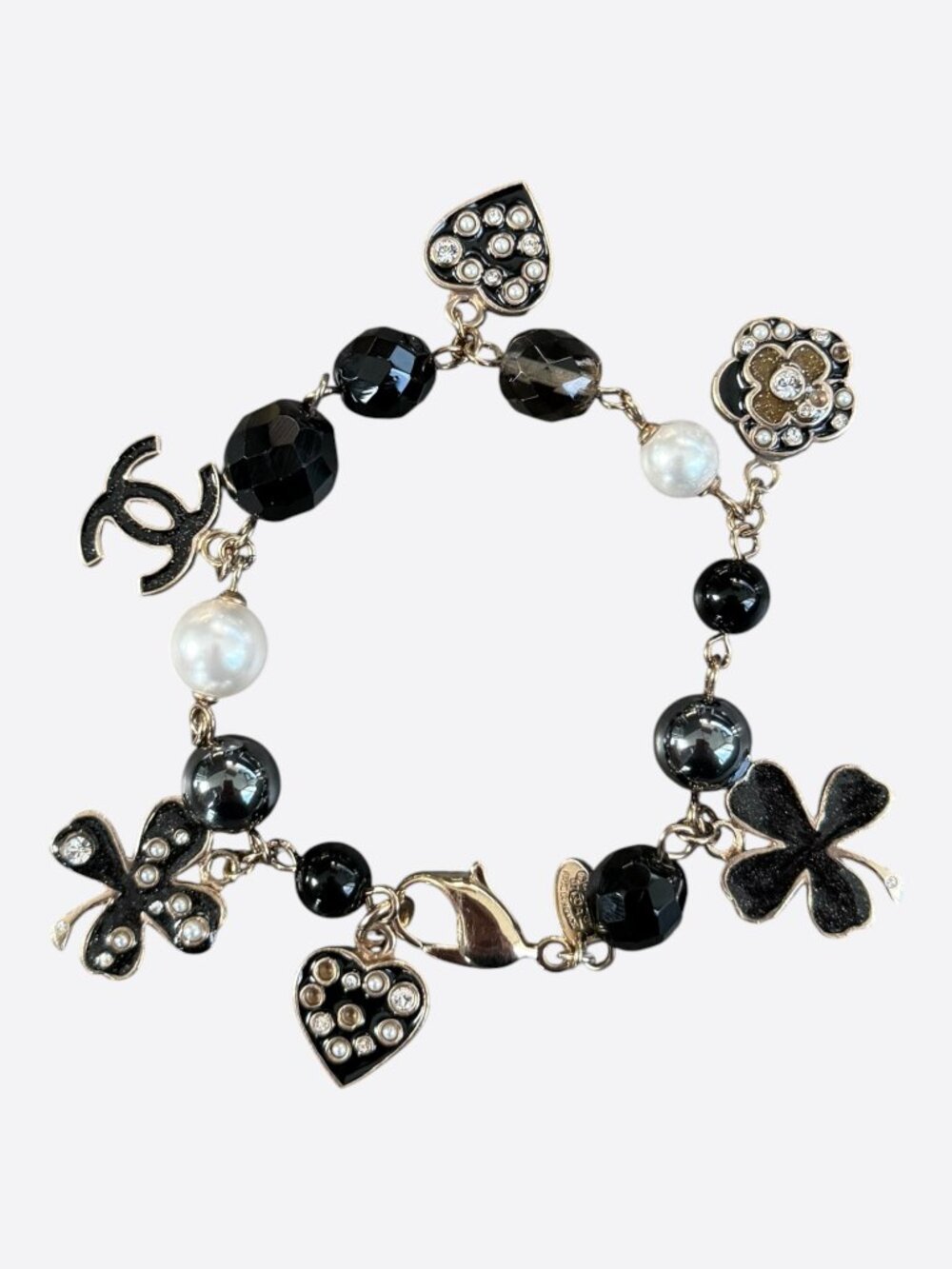 Chanel Silver & Black CC Faux Pearl Charm Bracelet